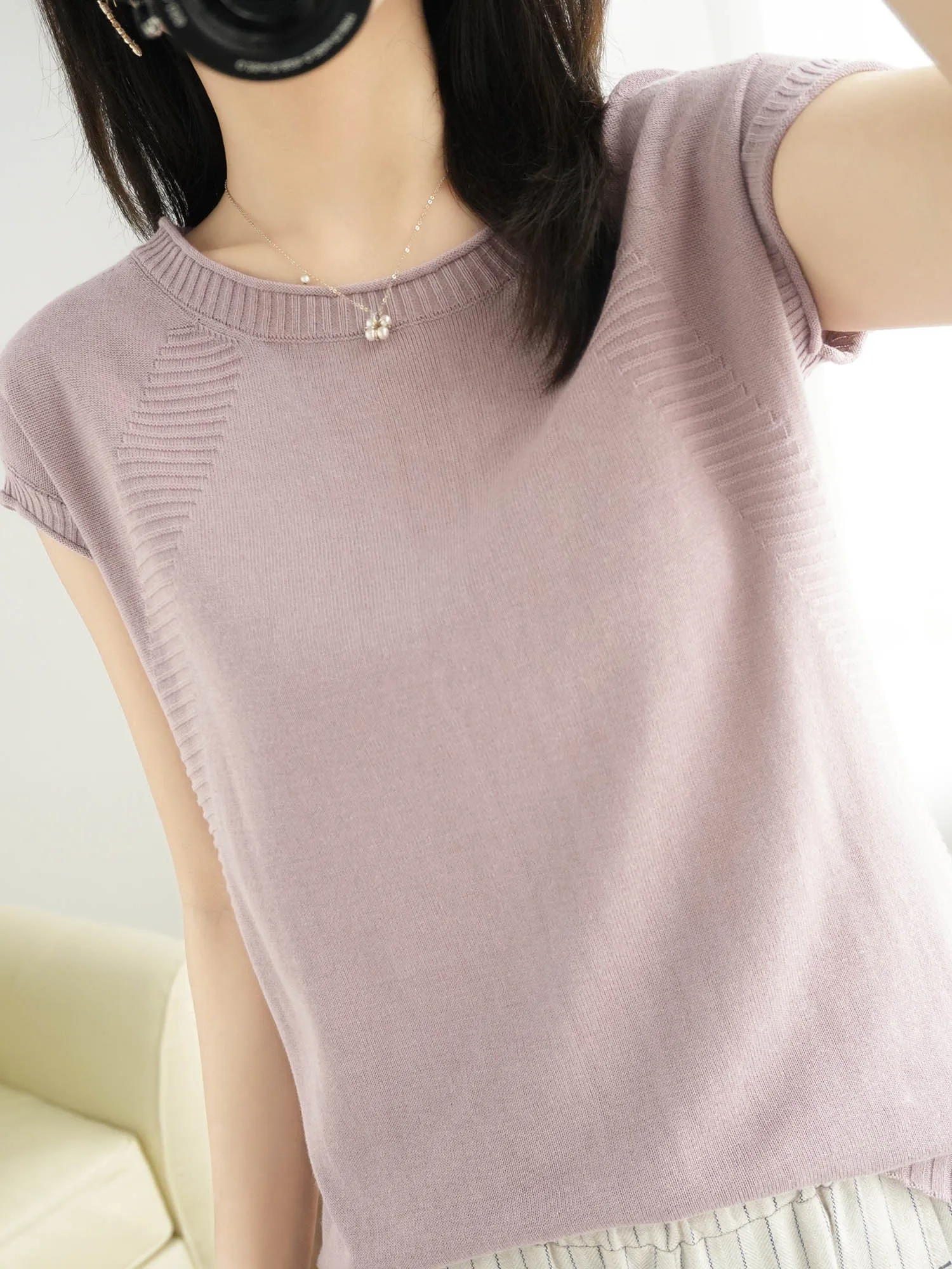 Женская хлопковая футболка с коротким рукавом Свободный пуловер круглым вырезом
