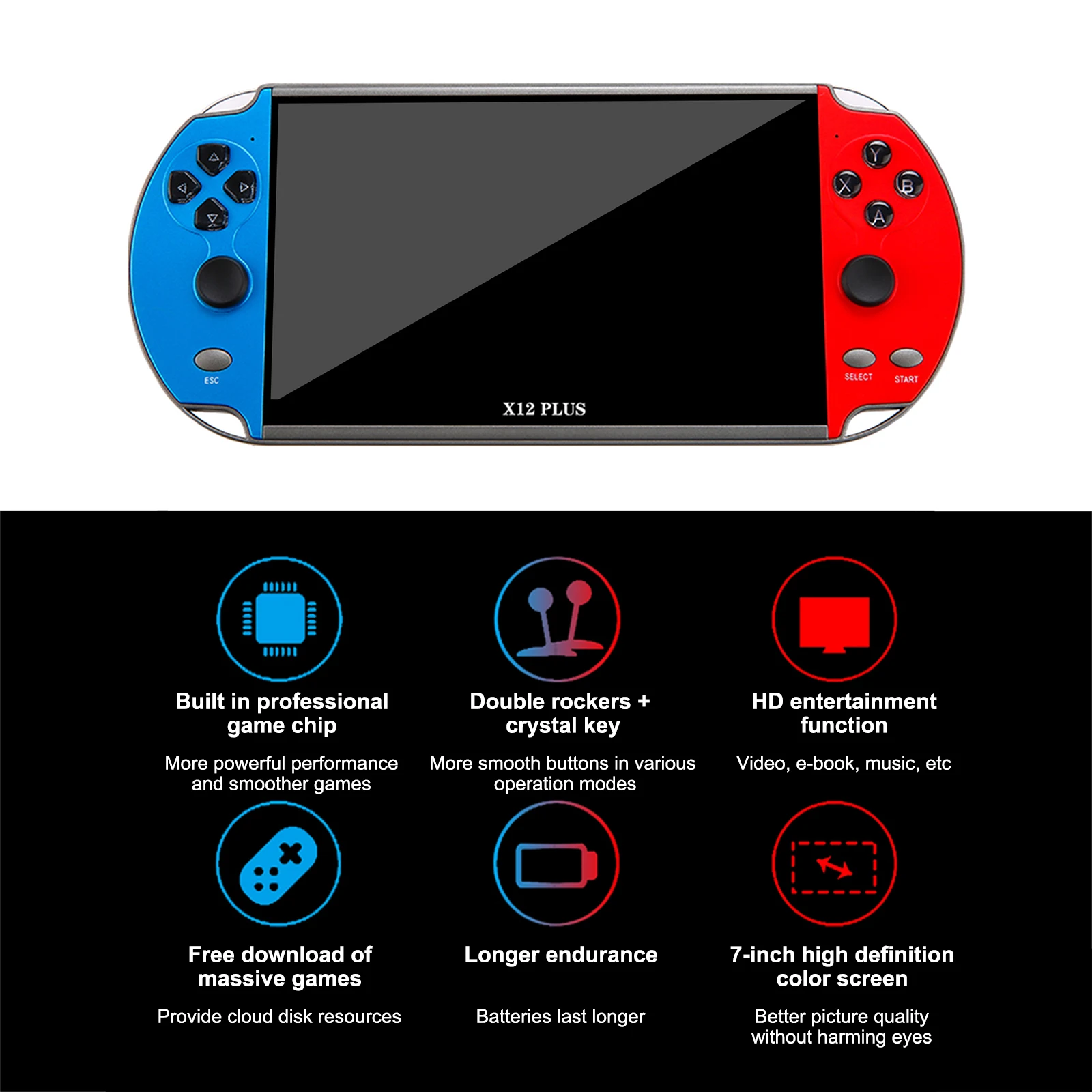 X12 Plus 7 inch Video Game Console Built in 1000 Games 16GB Handheld Double Joystick Game Controller Spupport AV Output TF Card
X12 Plus 7 inch Video Game Console Built in 1000 Games 16GB Handheld Double Joystick Game Controller Spupport AV Output TF Card