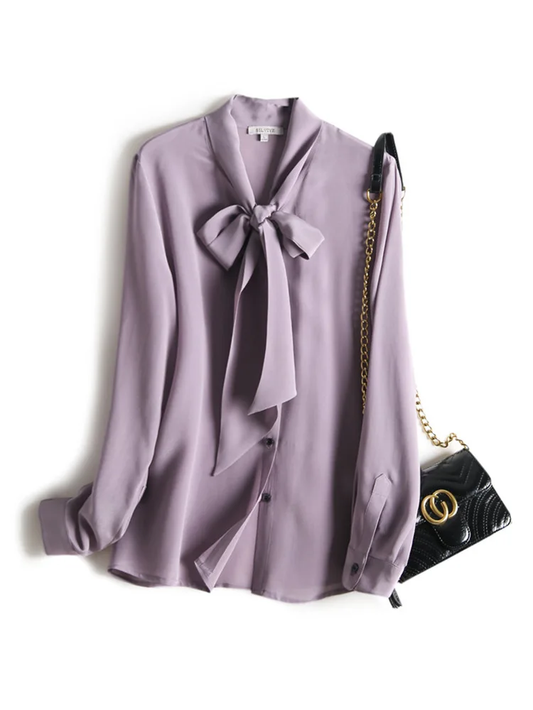 Purple silk ribbon shirt female design sense of minority light mature mulberry silk temperament Top Long Sleeve Shirt autumn 
Purple silk ribbon shirt female design sense of minority light mature mulberry silk temperament Top Long Sleeve Shirt autumn