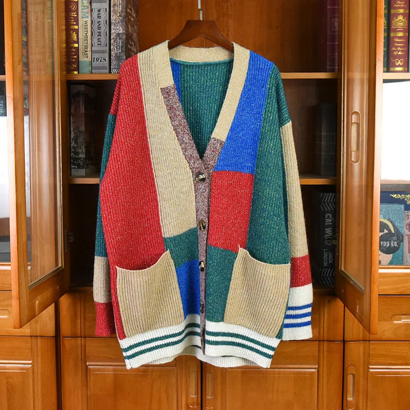 New Designer Women's patchwork loose cardigans High quality V-neck wool knitted coat C670
New Designer Women's patchwork loose cardigans High quality V-neck wool knitted coat C670