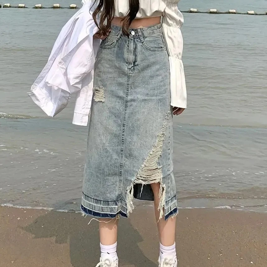 Denim skirt female 2021 summer ripped high waist a-line half skirt trend women clothes Solid Straight Embroidery Natural
Denim skirt female 2021 summer ripped high waist a-line half skirt trend women clothes Solid Straight Embroidery Natural