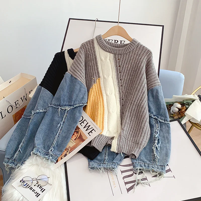 SONG YI Denim Sleeve Spliced Sweater Women's Autumn and Winter 2022 New Loose O Neck Knit Sweater Top Puff Sleeve Pullover A0181
SONG YI Denim Sleeve Spliced Sweater Women's Autumn and Winter 2022 New Loose O Neck Knit Sweater Top Puff Sleeve Pullover A0181