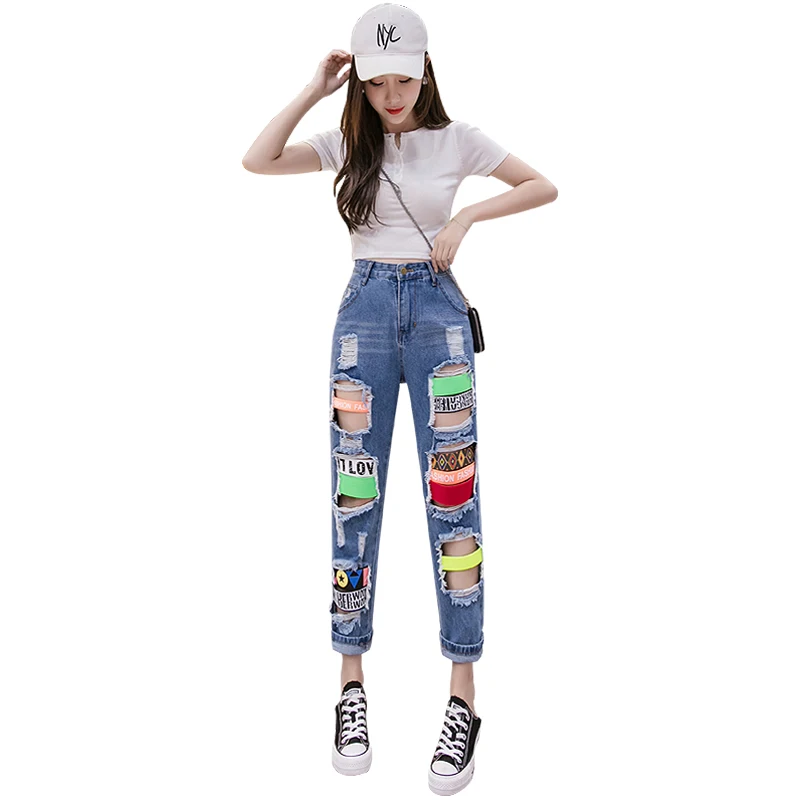 

Summer Streetwear Women Vintage Sexy Hollow Out Loose Denim Pants Fashion Spliced Holes Trousers Plus Size Jeans Harem Pant