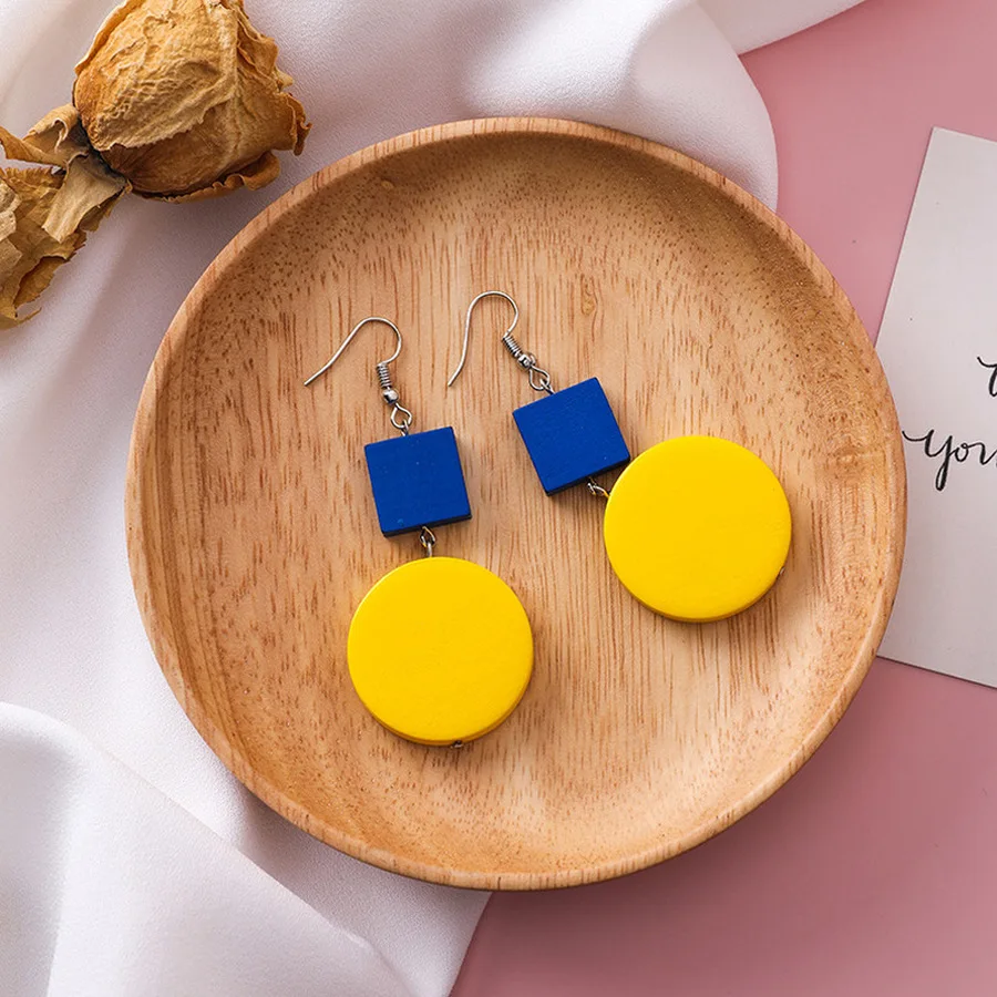 Yellow Blue Wood Cold Style Long Square Round Geometric Drop Earrings for Girl Women Fashion Jewelry Accessories | Украшения и