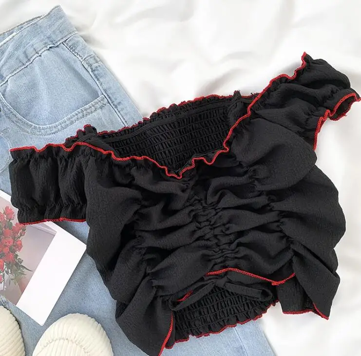 Japanese sexy one-shoulder contrast color lace drawstring pleated short sleeve shirt
Japanese sexy one-shoulder contrast color lace drawstring pleated short sleeve shirt