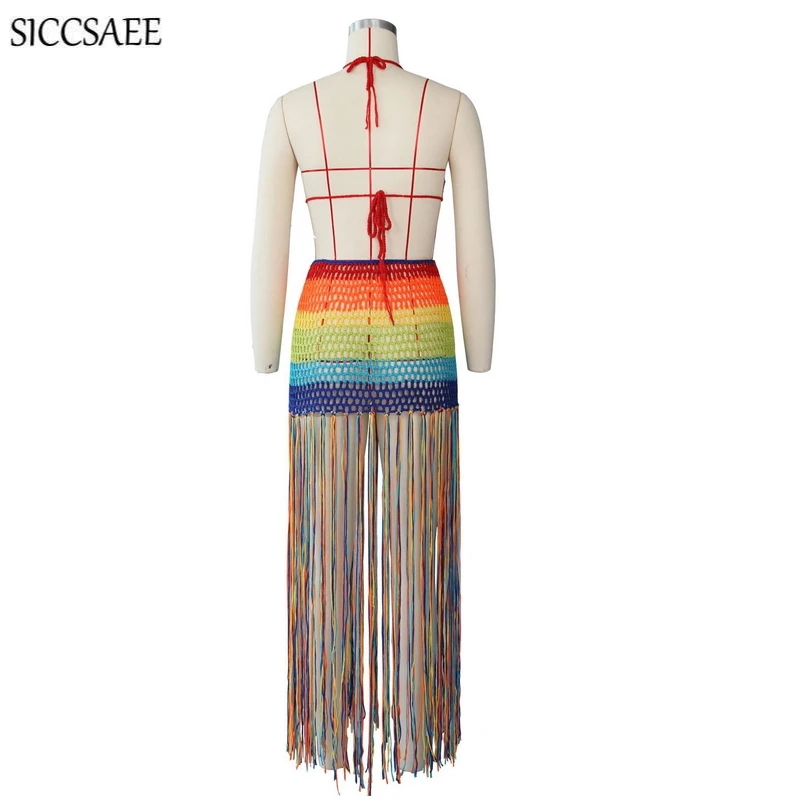 Rainbow Striped Two Piece Dress Tassels Beach Style Bohemian Maxi Dresses Backless Halter Crop Top Handmade Crochet Vestidos
Rainbow Striped Two Piece Dress Tassels Beach Style Bohemian Maxi Dresses Backless Halter Crop Top Handmade Crochet Vestidos