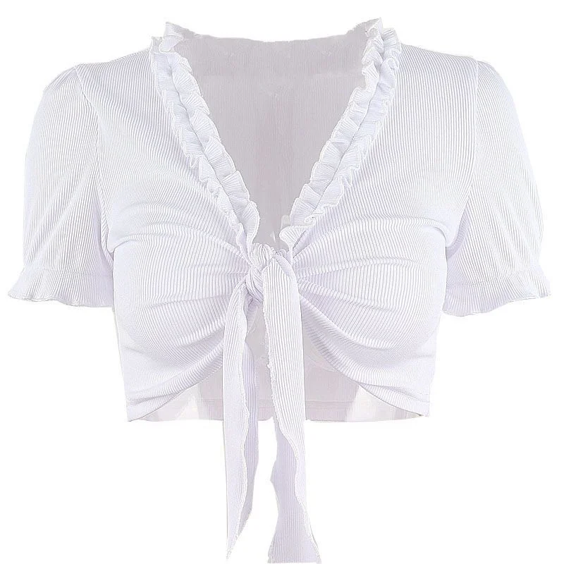 Sexy Fungus Edge V-Neck T shirt Bow Ribbon Blouse Women Crop Top Summer Low-cut Slim Camis Butterfly Sleeve White Blue Tees
Sexy Fungus Edge V-Neck T shirt Bow Ribbon Blouse Women Crop Top Summer Low-cut Slim Camis Butterfly Sleeve White Blue Tees