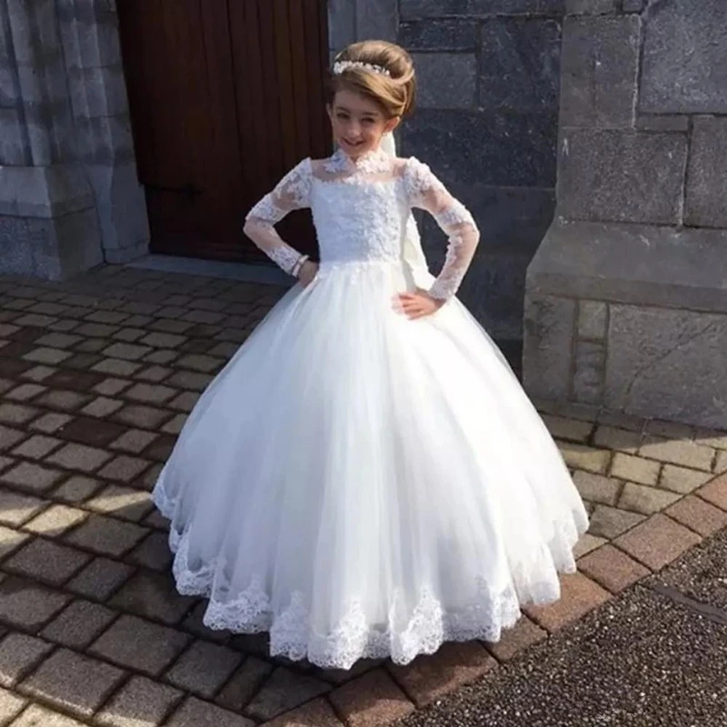 Stylish White Flower Girls Dress for Wedding Party High Neck Baptism Gowns Tulle Full Sleeve Appliques Kid Holy Communion Gown
Stylish White Flower Girls Dress for Wedding Party High Neck Baptism Gowns Tulle Full Sleeve Appliques Kid Holy Communion Gown