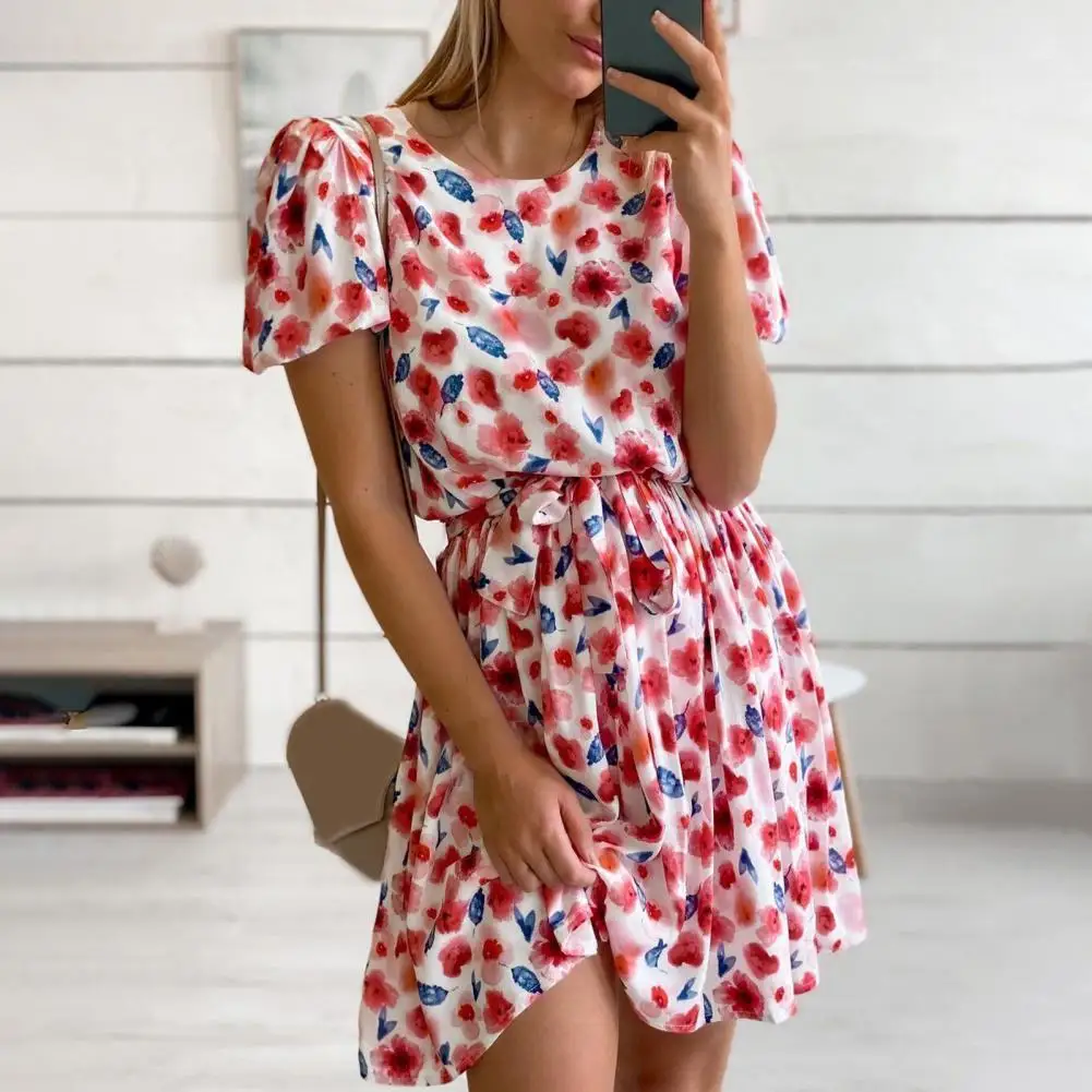 Ladies Sweet Dress Elegant Round Neck Floral Print High Waist Puff Short Sleeve Lace Up Dress Tight Waist Slim A-line Dresses
Ladies Sweet Dress Elegant Round Neck Floral Print High Waist Puff Short Sleeve Lace Up Dress Tight Waist Slim A-line Dresses