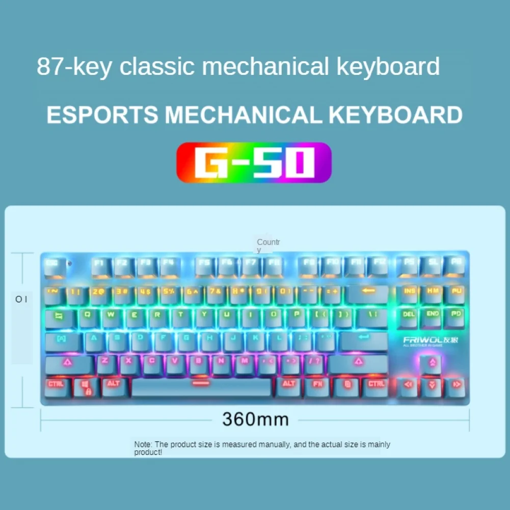 G50 Wired Keyboard Green Axis Colorful RGB Light 87-Key USB Punk Gaming Mechanical Keyboard For Desktop Computers
G50 Wired Keyboard Green Axis Colorful RGB Light 87-Key USB Punk Gaming Mechanical Keyboard For Desktop Computers