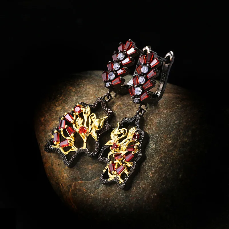 Charm Female Red Crystal Drop Earrings Vintage 14KT Black Gold Wedding Earrings For Women Trendy Hollow Flower Dangle Earrings
Charm Female Red Crystal Drop Earrings Vintage 14KT Black Gold Wedding Earrings For Women Trendy Hollow Flower Dangle Earrings