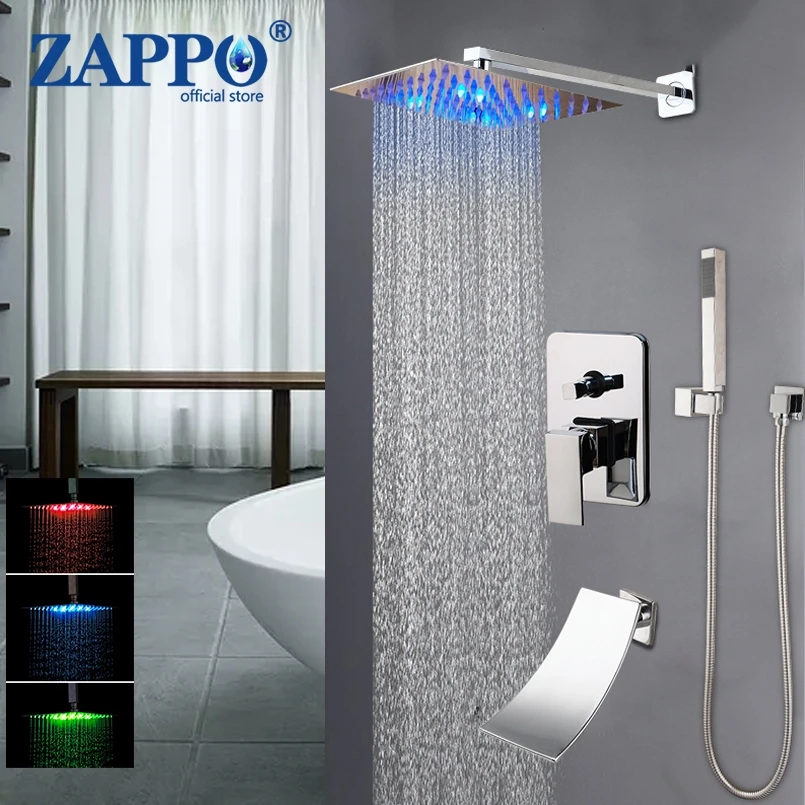 

ZAPPO Wall Mount LED Rainfall Shower Faucet Set Chrome Concealed Bathroom Faucets System Head with Waterfall Tub Spout Mixer Tap