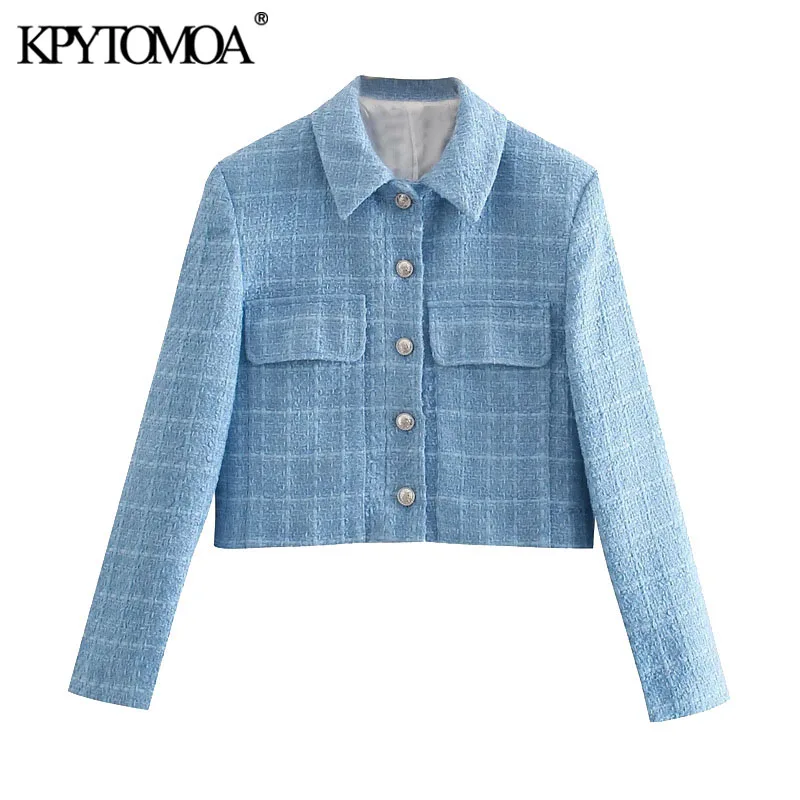 

KPYTOMOA Women Fashion Single Breasted Tweed Cropped Blazer Coat Vintage Long Sleeve Pockets Female Outerwear Chic Veste