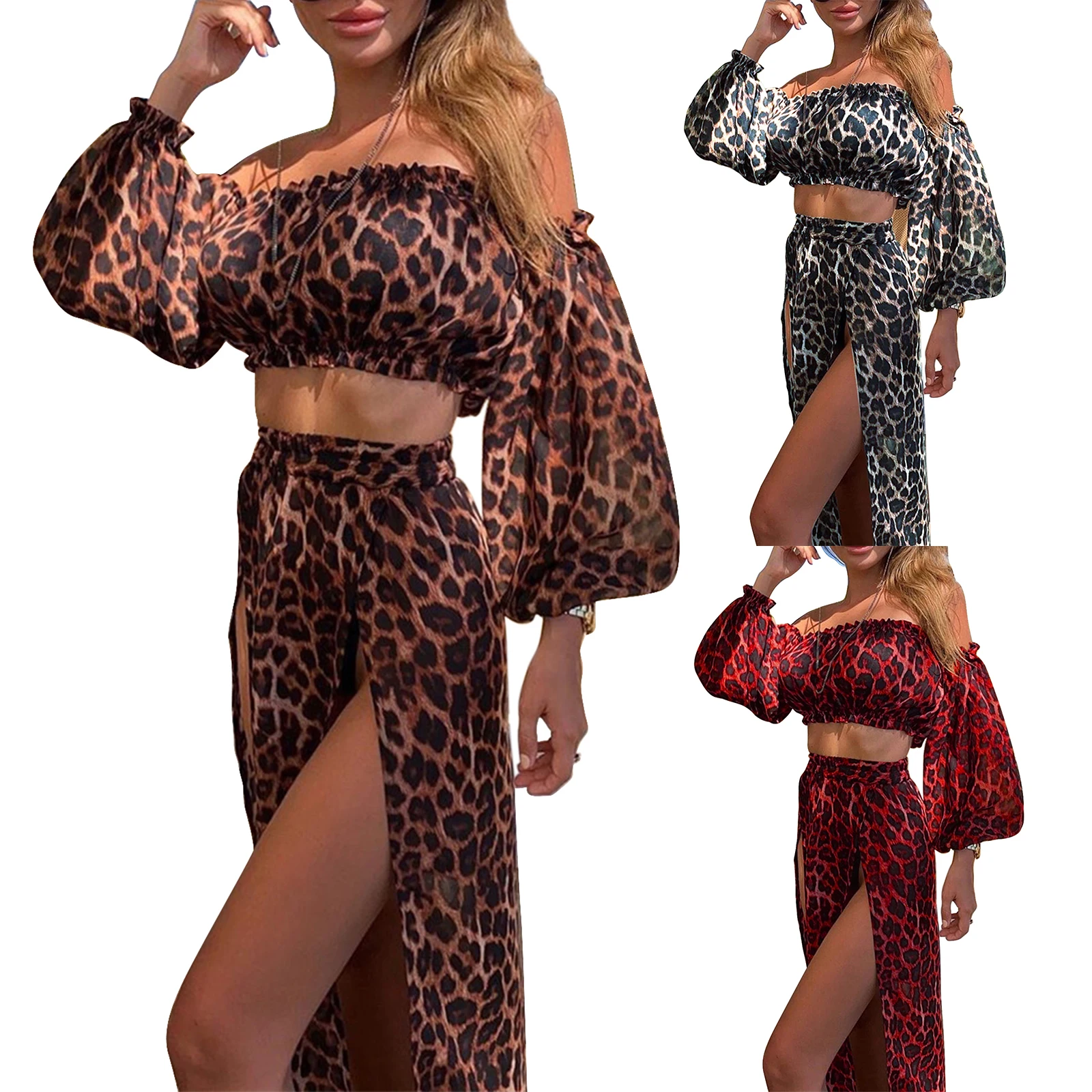 2021 Ladies Sexy Beach Overskirt Set Summer Vacation Women Leopard Print Strapless Puff Sleeve Crop Top+Split Skirt Cover-Ups
2021 Ladies Sexy Beach Overskirt Set Summer Vacation Women Leopard Print Strapless Puff Sleeve Crop Top+Split Skirt Cover-Ups