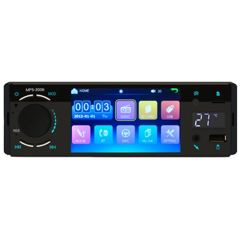 Stereo Radio,Bluetooth Audio and Hand-Free Calling,4 inch Press Screen MP5 Audio Player Single Din,Built-in Microphone
Stereo Radio,Bluetooth Audio and Hand-Free Calling,4 inch Press Screen MP5 Audio Player Single Din,Built-in Microphone