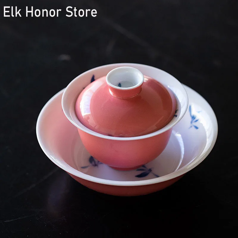 

150ml Peach Red Glaze Tea Tureen Hand-painted Orchid Ceramic Sancai Covered Bowl Tea Cup Household Kung Fu Tea Maker Gaiwan Set
