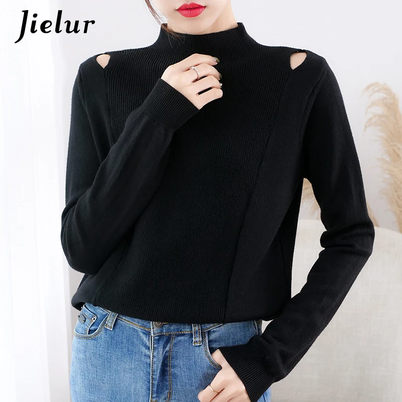 Jielur 2021 Sexy Hollow Sweater Women Apricot Blue Black Korean Loose Female Sweaters Fashion Half-high Neck Lady Knitwear S-XL | Женская