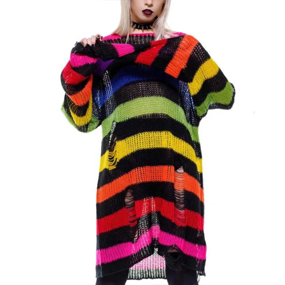 Rosetic Autumn WInter Rainbow Striped Sweater Women Punk Gothic Ripped Streetwear Pullover Loose Knitwear Casual Sweaters 2021
Rosetic Autumn WInter Rainbow Striped Sweater Women Punk Gothic Ripped Streetwear Pullover Loose Knitwear Casual Sweaters 2021