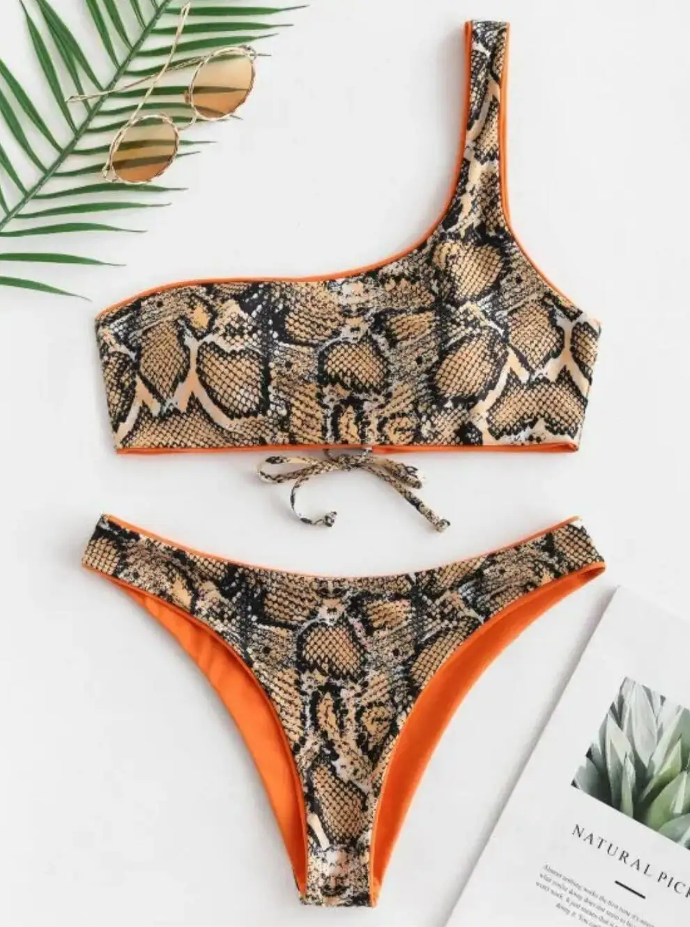 Beach Set Sexy Ladies Back Cross Lacing up Snake Print Bikini Padded Bra Swimwear Women Bathing Suit Swimsuit 2 pieces set | Женская