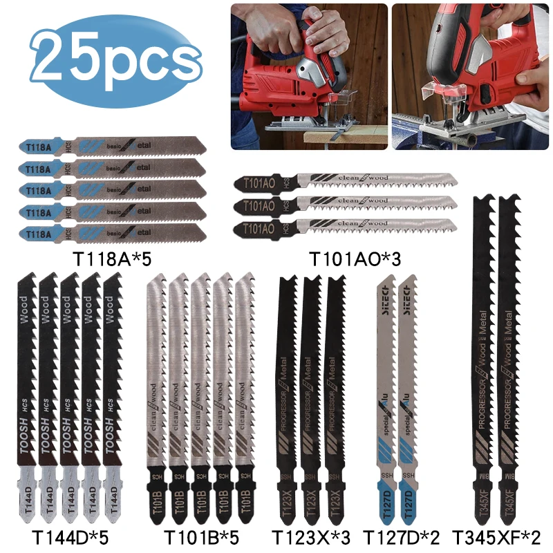 25Pcs Jig-Saw Blades Set Kit For Metal Or Wood Assorted Blades T-Shank Air Tool Accessories Saw Blades For Bosch/Makita/Dewalt
25Pcs Jig-Saw Blades Set Kit For Metal Or Wood Assorted Blades T-Shank Air Tool Accessories Saw Blades For Bosch/Makita/Dewalt