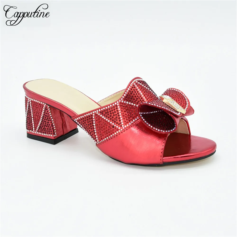

Красивые красные туфли-лодочки в африканском стиле для свадьбы Вечерние, женские туфли на высоком каблуке Стразы 88-29, высота каблука 6,5 см