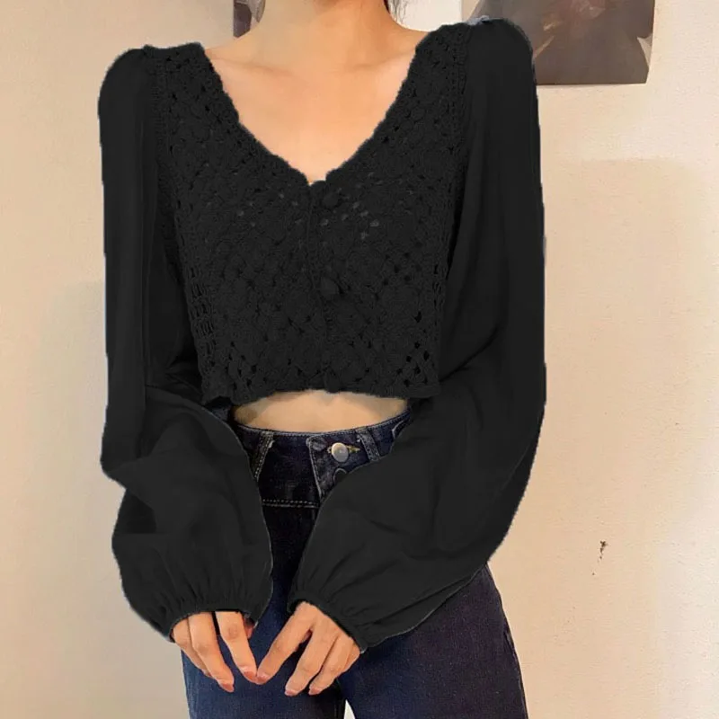 Милая блузка в Корейском стиле с вырезами, Весенняя женская Свободная приталенная короткая рубашка с длинным рукавом,
Милая блузка в Корейском стиле с вырезами, Весенняя женская Свободная приталенная короткая рубашка с длинным рукавом,