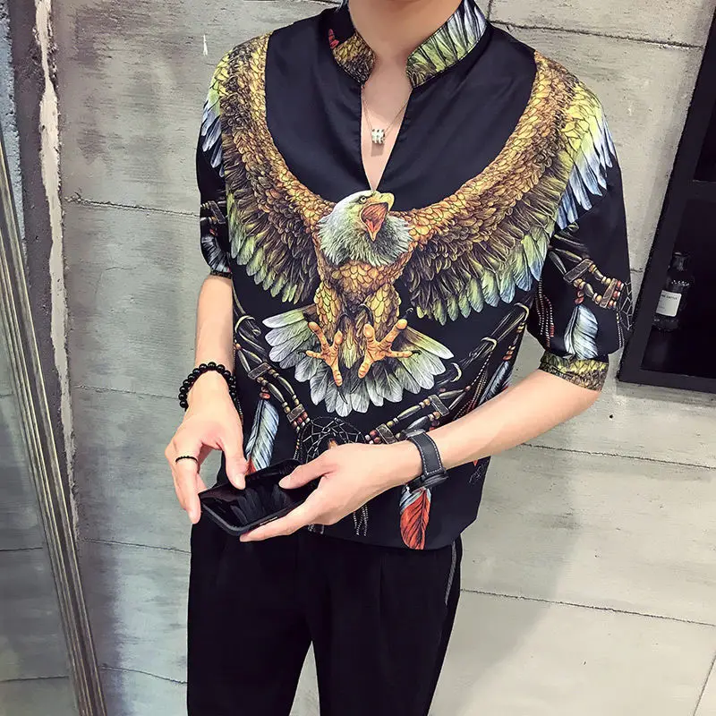 Summer Short Sleeve Shirt Men's ruffian handsome printing social guy shirt men's Korean stand collar versatile 5-sleeve clothes
Summer Short Sleeve Shirt Men's ruffian handsome printing social guy shirt men's Korean stand collar versatile 5-sleeve clothes