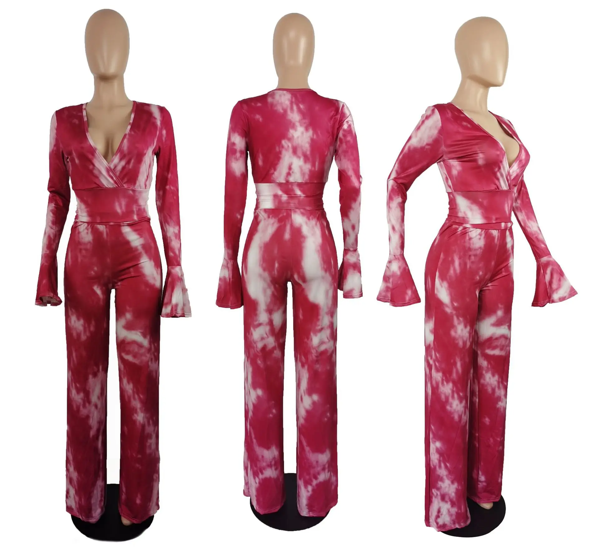 Best Selling Women Tie-Dye Printed Two Piece Sets Sexy V-neck Flared Sleeve Short T-shirts High Waist Bell-Bottomed Trousers Set
Best Selling Women Tie-Dye Printed Two Piece Sets Sexy V-neck Flared Sleeve Short T-shirts High Waist Bell-Bottomed Trousers Set