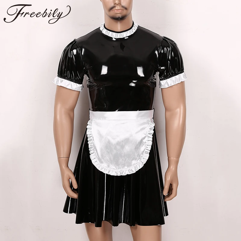 

Men's Sissy Maid Sexy Cosplay Costume Short Sleeve Patent Leather Flared Dress with Apron Crossdressing Roleplay Servant Uniform