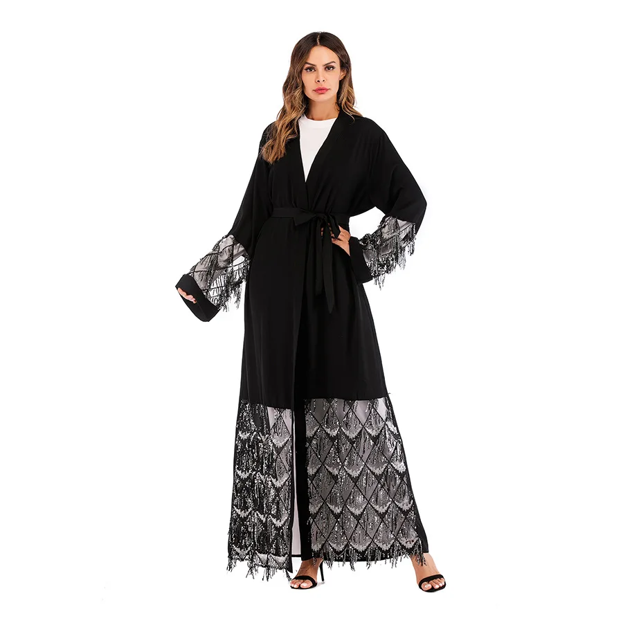 Black tassel fashion muslim abaya cardigan robe women sequins belt long sleeve abaya dubai kaftan islam clothing women MSL180
Black tassel fashion muslim abaya cardigan robe women sequins belt long sleeve abaya dubai kaftan islam clothing women MSL180