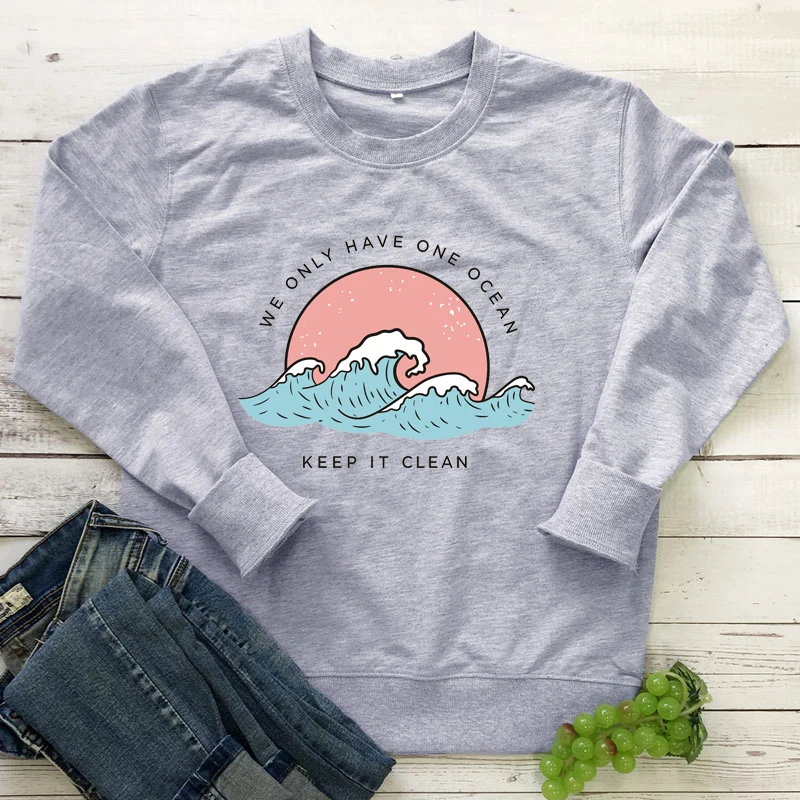 

У нас есть только один океан Цветной свитшот с принтом милые Для женщин с длинным рукавом этические пуловеры Забавные 90s графический пляж ко...