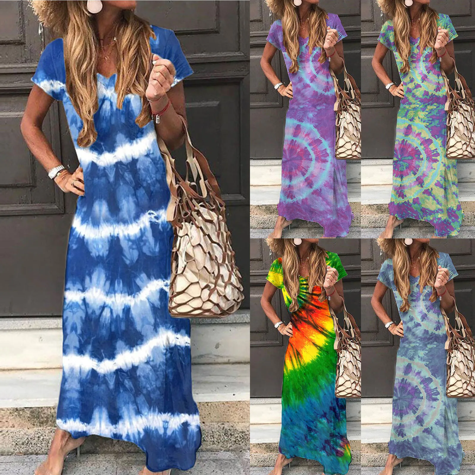 40# Women Tie-dye Printing Maxi Dress V Neck Short Sleeve Casual Summer Dress 2021 Vintage Short Sleeve Robe Long Woman Dress
40# Women Tie-dye Printing Maxi Dress V Neck Short Sleeve Casual Summer Dress 2021 Vintage Short Sleeve Robe Long Woman Dress