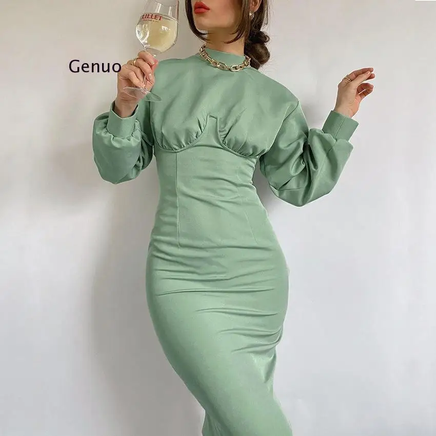 Winter Women Dress Elegant Autumn Midi Dress Long Sleeve Green High Waist Solid Casual Ladies Dresses Tunic 2020
Winter Women Dress Elegant Autumn Midi Dress Long Sleeve Green High Waist Solid Casual Ladies Dresses Tunic 2020