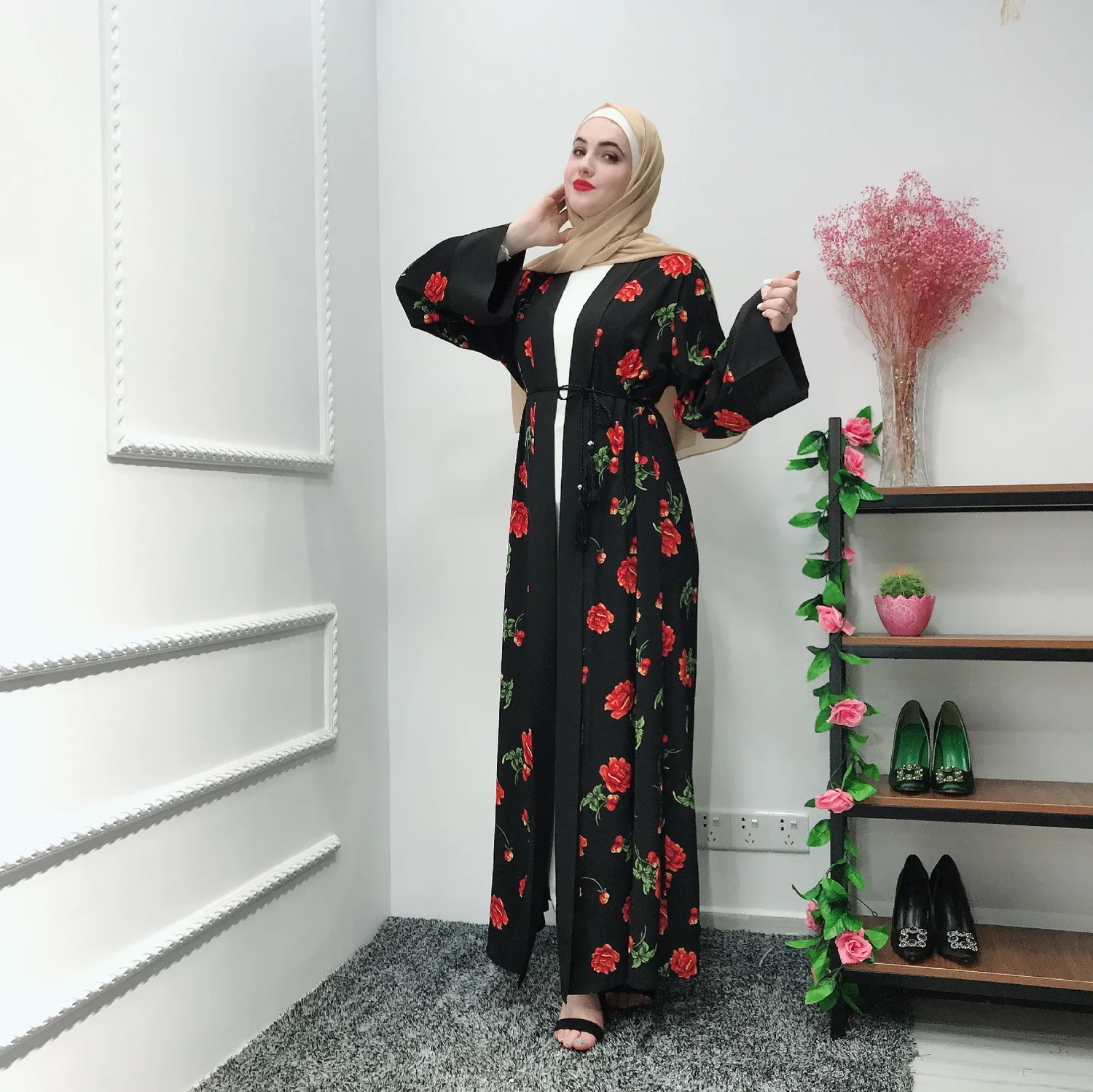 Элегантное женское Платье макси с цветочным рисунком кардиган кимоно длинное