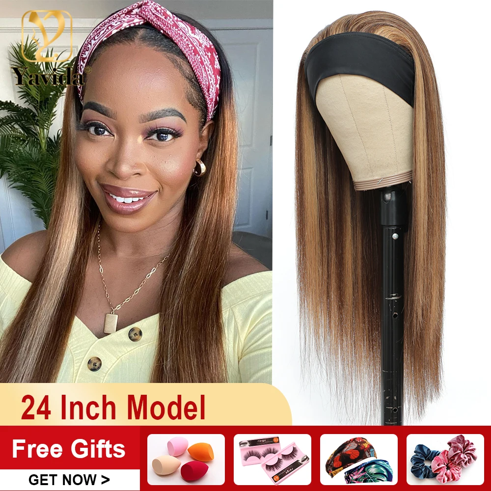 Highlight Headband Wigs For Women Brazilian Straight Human Hair Wigs Ombre #4/30/27 Brown Color Scarf Wigs With Random Headband 
Highlight Headband Wigs For Women Brazilian Straight Human Hair Wigs Ombre #4/30/27 Brown Color Scarf Wigs With Random Headband