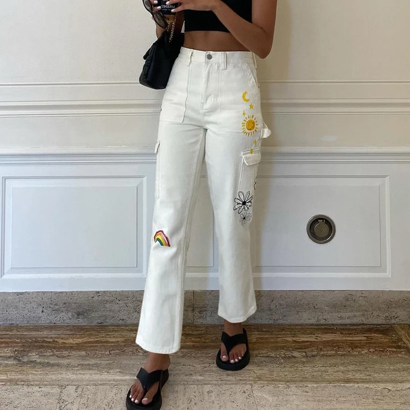WeiYao Funny Print White Straight Jeans Woman High Waist Denim Trousers Patchwork Pockets Casual Korean Streetwear Cargo Pants
WeiYao Funny Print White Straight Jeans Woman High Waist Denim Trousers Patchwork Pockets Casual Korean Streetwear Cargo Pants