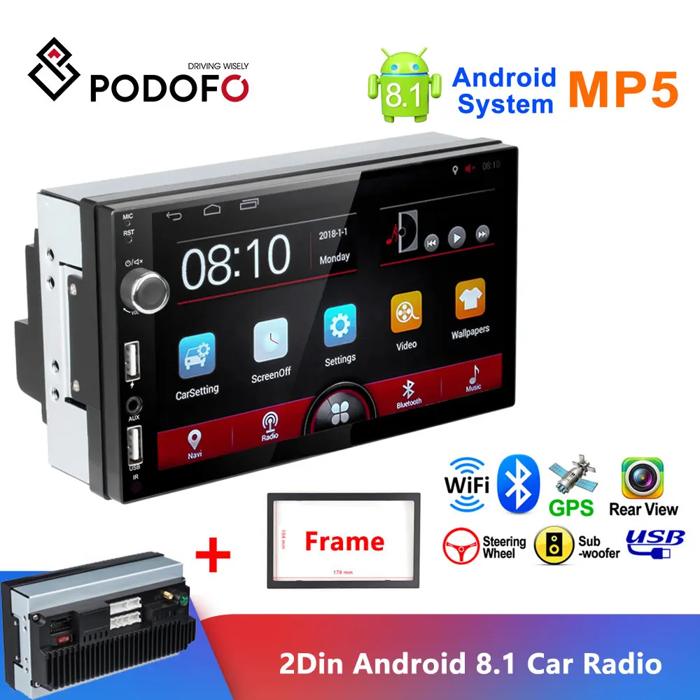 Фото Podofo Автомагнитола 2 din Android wifi gps навигация 7 дюймов HD радио MP5 плеер Bluetooth