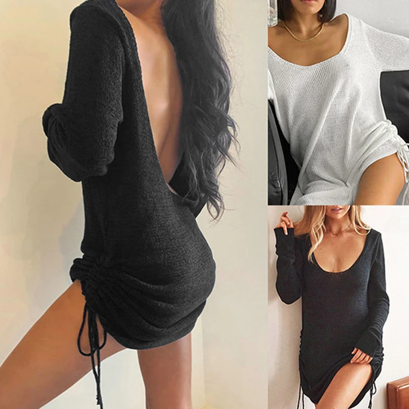 Fashion Womens Backless Shortest Dress Sexy Solid Knitted Long Sleeve Sheath Short Dresses Casual Slim Dress Women Summer
Fashion Womens Backless Shortest Dress Sexy Solid Knitted Long Sleeve Sheath Short Dresses Casual Slim Dress Women Summer