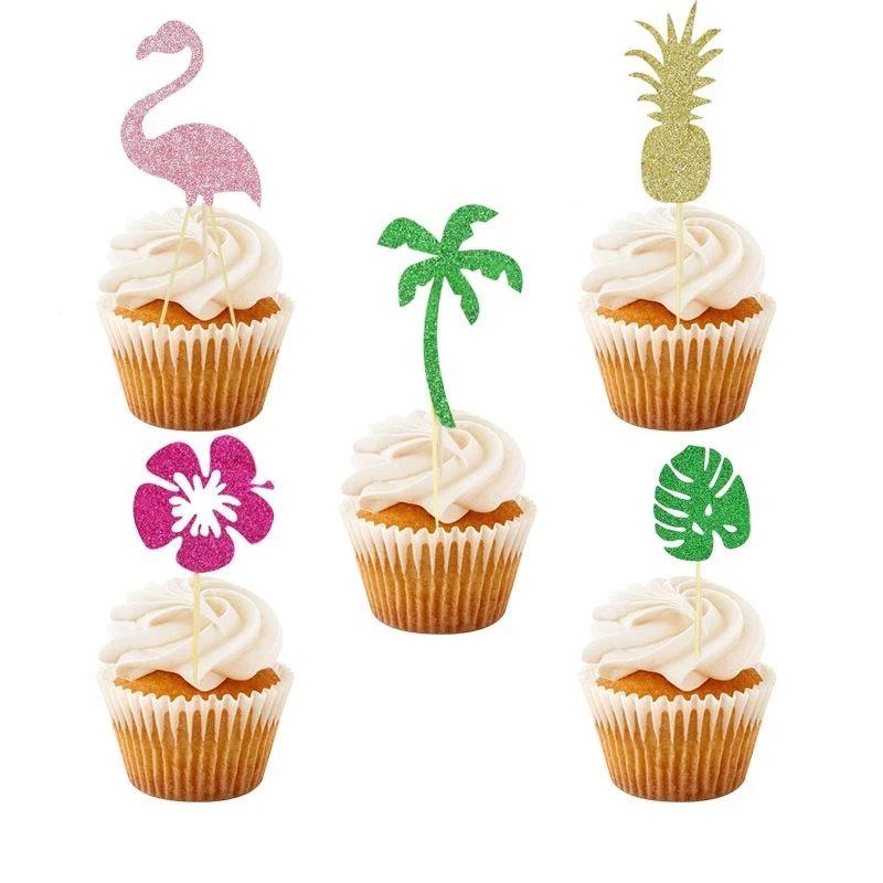 

10pcs Cake Toppers Summer Birthday Party Tropical Luau Turtle Leaf Flamingo Cupcake Picks For Wedding Party Flower Cake Decor