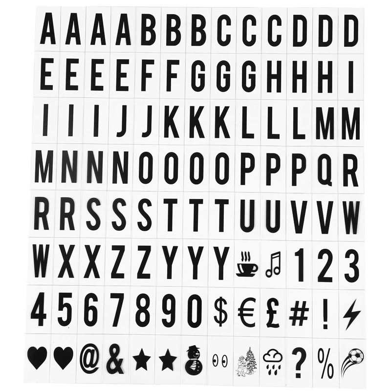 104pcs Cinematic Lightbox Replacement Letters & Numbers Signs black for A4 Light Up Letter Box Sign Message Board 65.4x35mm(LED
104pcs Cinematic Lightbox Replacement Letters & Numbers Signs black for A4 Light Up Letter Box Sign Message Board 65.4x35mm(LED