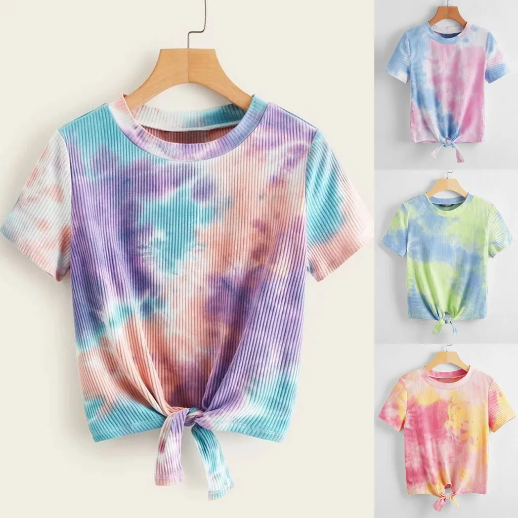 2021 Summer Fashion Women Tie-dye T Shirt Knot Front Casual Girls Cropped Tops Round Neck Tees Shirt Short Sleeve Short T Shirt
2021 Summer Fashion Women Tie-dye T Shirt Knot Front Casual Girls Cropped Tops Round Neck Tees Shirt Short Sleeve Short T Shirt