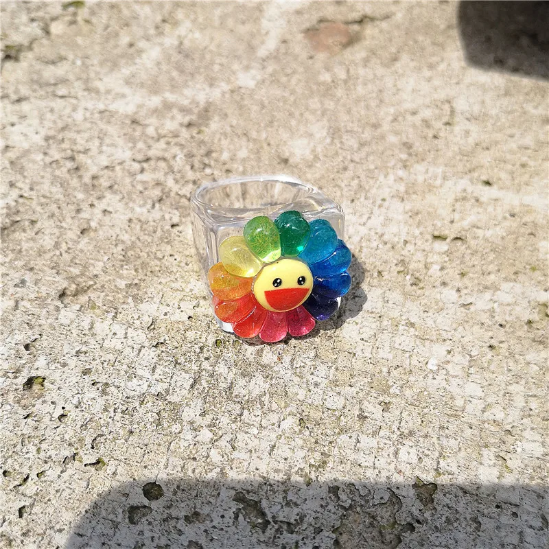 2021 New Korean Rainbow Color Yellow Smiley Happy Face Sunflower Clear Acrylic Big Chunky Square Ring For Women Street Jewelry
2021 New Korean Rainbow Color Yellow Smiley Happy Face Sunflower Clear Acrylic Big Chunky Square Ring For Women Street Jewelry
