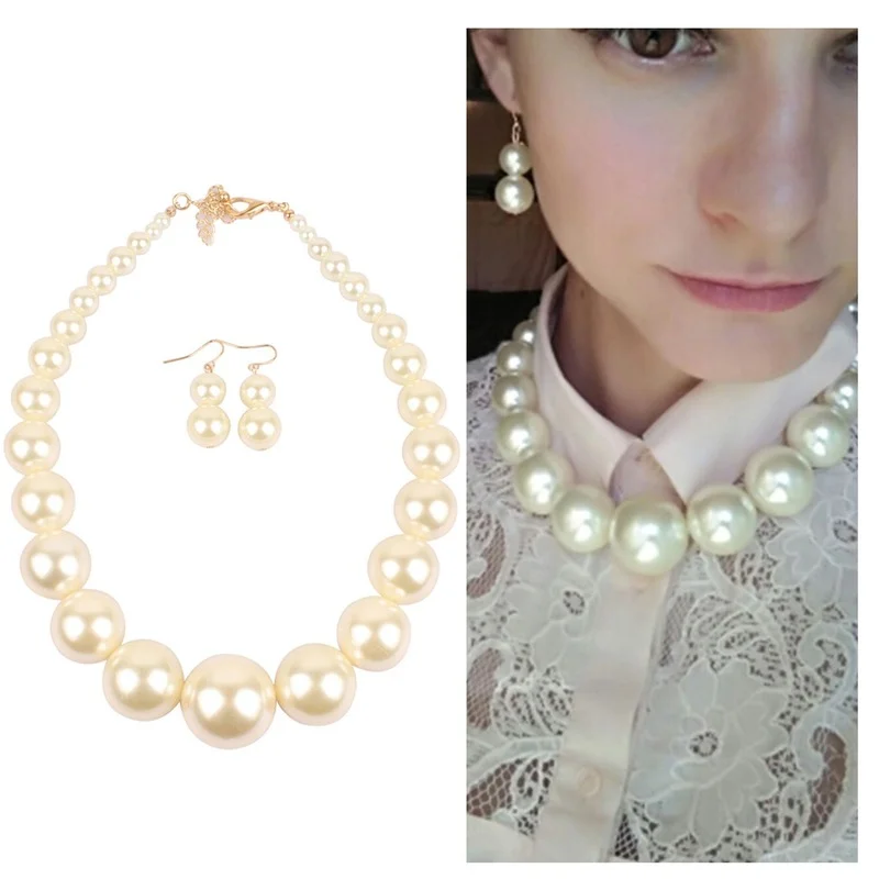 Feminine charm fashion jewelry elegant white imitation pearl necklace Large Round Pearl Wedding Necklace Pearl Earring Set
Feminine charm fashion jewelry elegant white imitation pearl necklace Large Round Pearl Wedding Necklace Pearl Earring Set