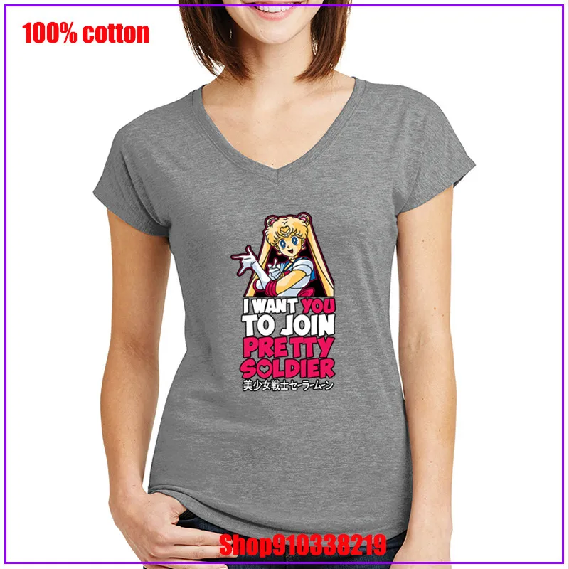 Join Pretty Soldier Sailor Moon Fanart propaganda white New Arrival White Slim Couple T-Shirt Symbol Tees V neck t shirt women | Женская