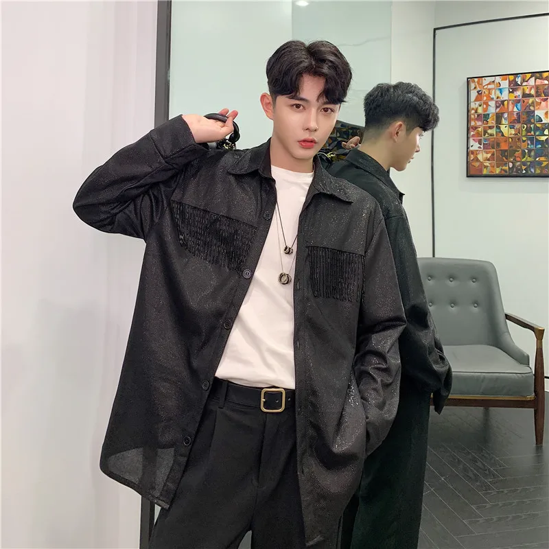 Male Women Streetwear Hip Hop Punk Shirts Stage Outerwear Men Long Sleeve Metal Tassel Loose Casual Shining Shirt Cardigan Coat
Male Women Streetwear Hip Hop Punk Shirts Stage Outerwear Men Long Sleeve Metal Tassel Loose Casual Shining Shirt Cardigan Coat