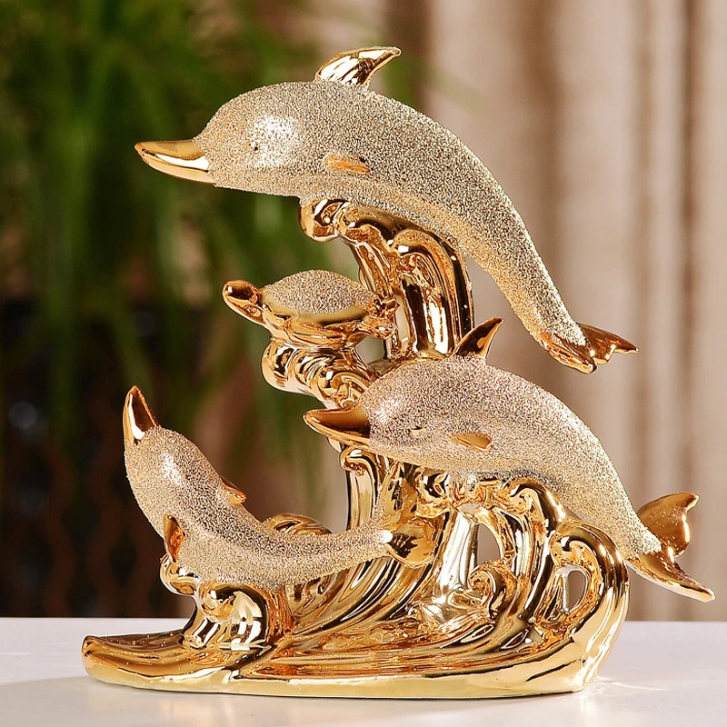 

HOME DECOR WEDDING CRAFTS DOLPHIN GOLD-PLATED CERAMIC DECORATIONS COUPLE ORNAMENTS LIVING ROOM PORCH WINE CABINET DECORATION