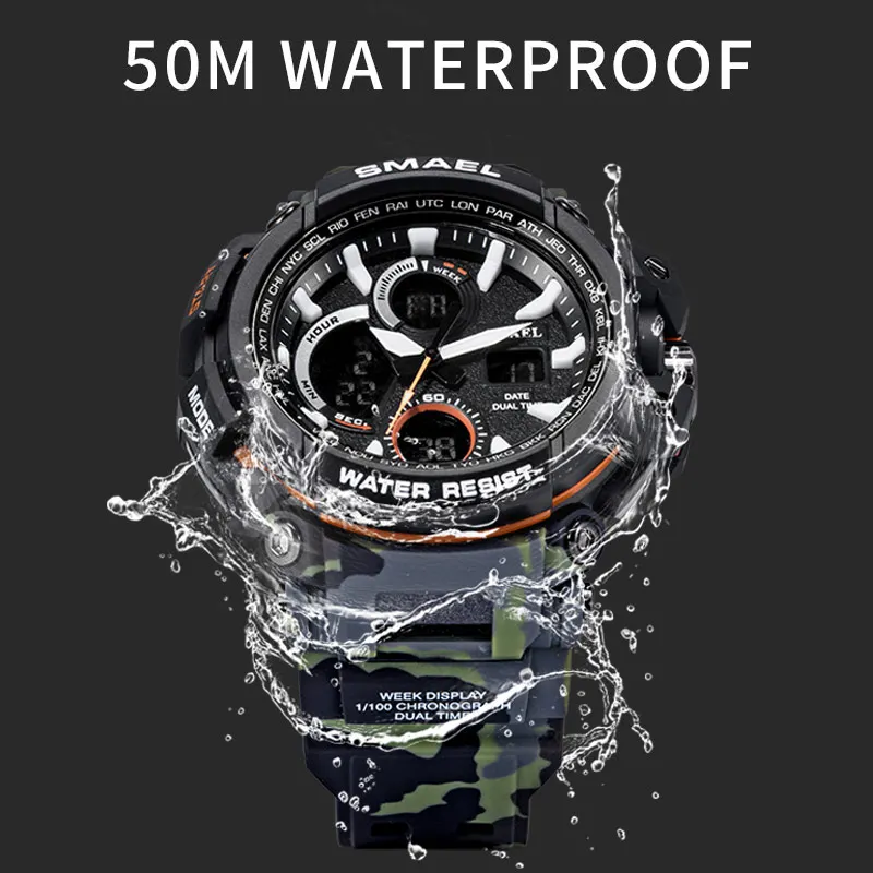 SMAEL спортивные часы водонепроницаемые мужские светодиодный цифровые Военные