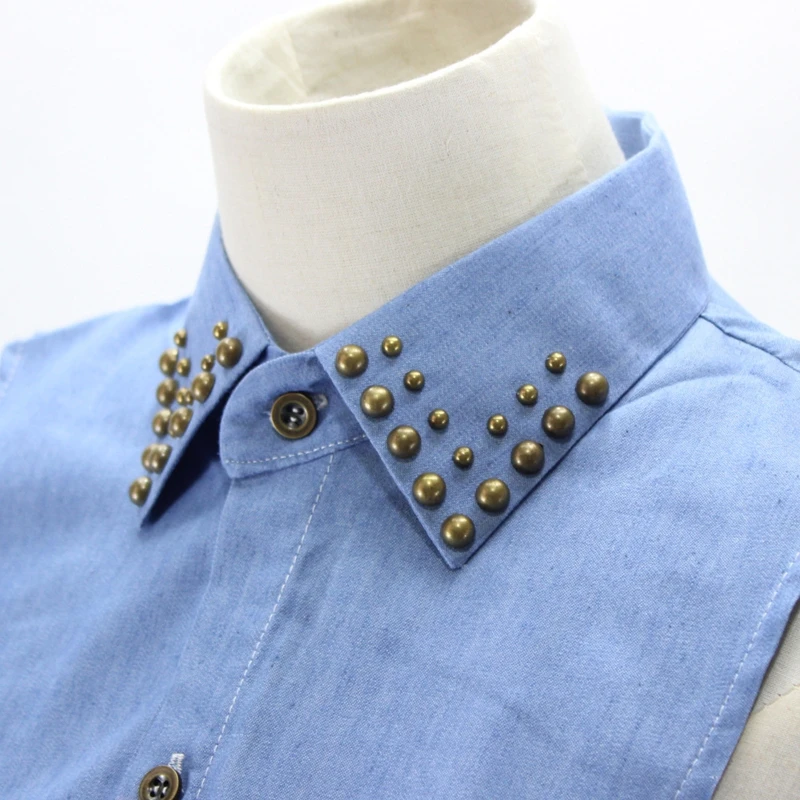 Women Vintage Studded Lapel Fake Collar Button Punk Style Denim Blue Half Shirt U4LE
Women Vintage Studded Lapel Fake Collar Button Punk Style Denim Blue Half Shirt U4LE