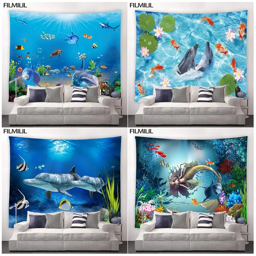 

Seabed World Dolphin Tapestry Cartoon Animals Mermaid Ocean Scenery Home Backdrop Decor Cloth Children Room Wall Hanging Blanket