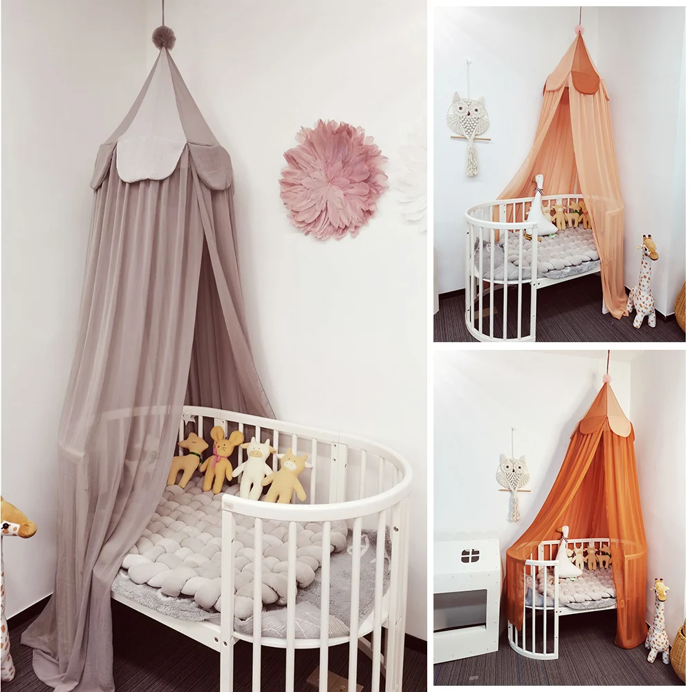 

Mosquito Net for Chiffon Baby Bed Canopy Hanging Dome Curtain with Pompom for Crib Nursery Decor Castle Game Tent with Hook